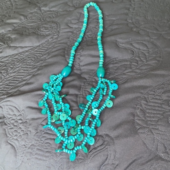 Boho jewelry, necklace, Vintage wooden turquoise layered 36 inches - Picture 2 of 5